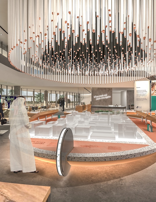 Our innovative concept for Sharjah's new neighbourhood, Aljada, designed by Zaha Hadid Architects, sales centre transcends the traditional focus on property transactions, evolving into a dynamic social hub that brings the community together. Design by Studio Königshausen.